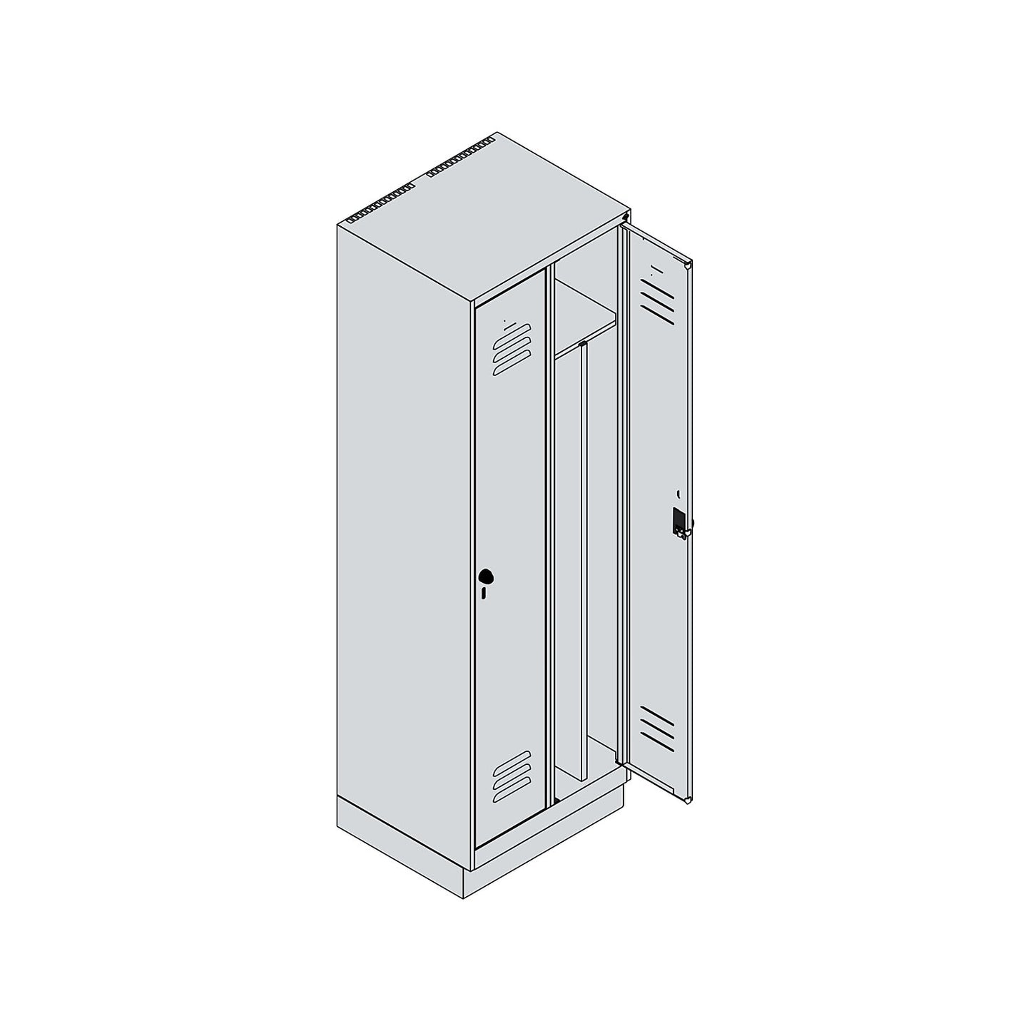 Classic PLUS clean and dirty clothes locker, narrow, 2 compartments, shortened centre divider, light grey/gentian blue, W 600 mm, with base plinth, rotary bolt, centre partition.