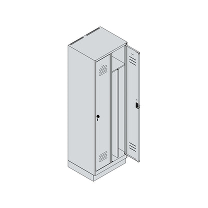 Classic PLUS clean and dirty clothes locker, narrow, 2 compartments, shortened centre divider, light grey/grey, W 600 mm, with base plinth, rotary bolt, centre partition.
