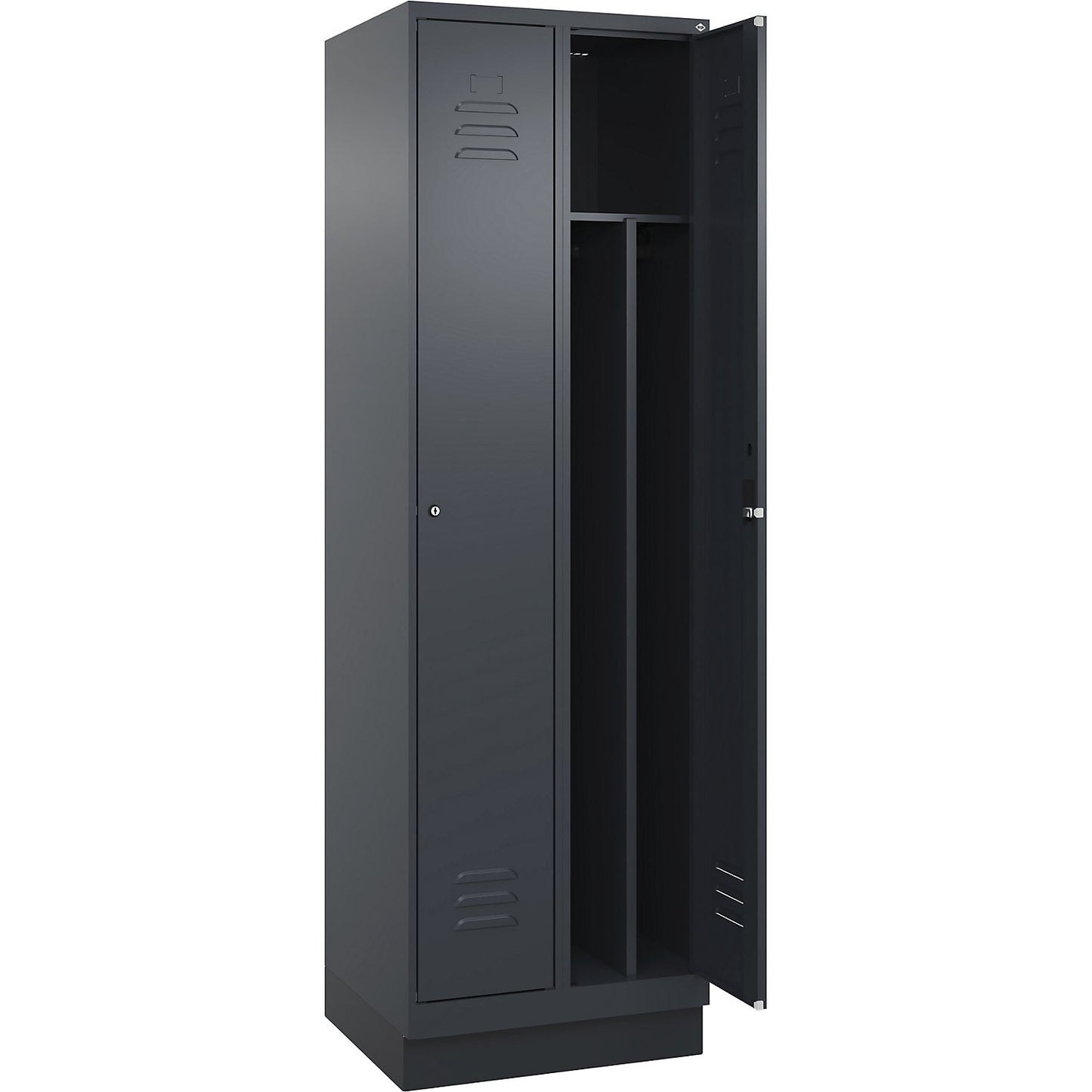 Classic PLUS clean and dirty clothes locker, narrow, 2 compartments, shortened centre divider, grey, W 600 mm, with base plinth, cylinder lock, centre partition.