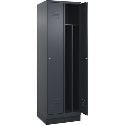 Classic PLUS clean and dirty clothes locker, narrow, 2 compartments, shortened centre divider, grey, W 600 mm, with base plinth, cylinder lock, centre partition.