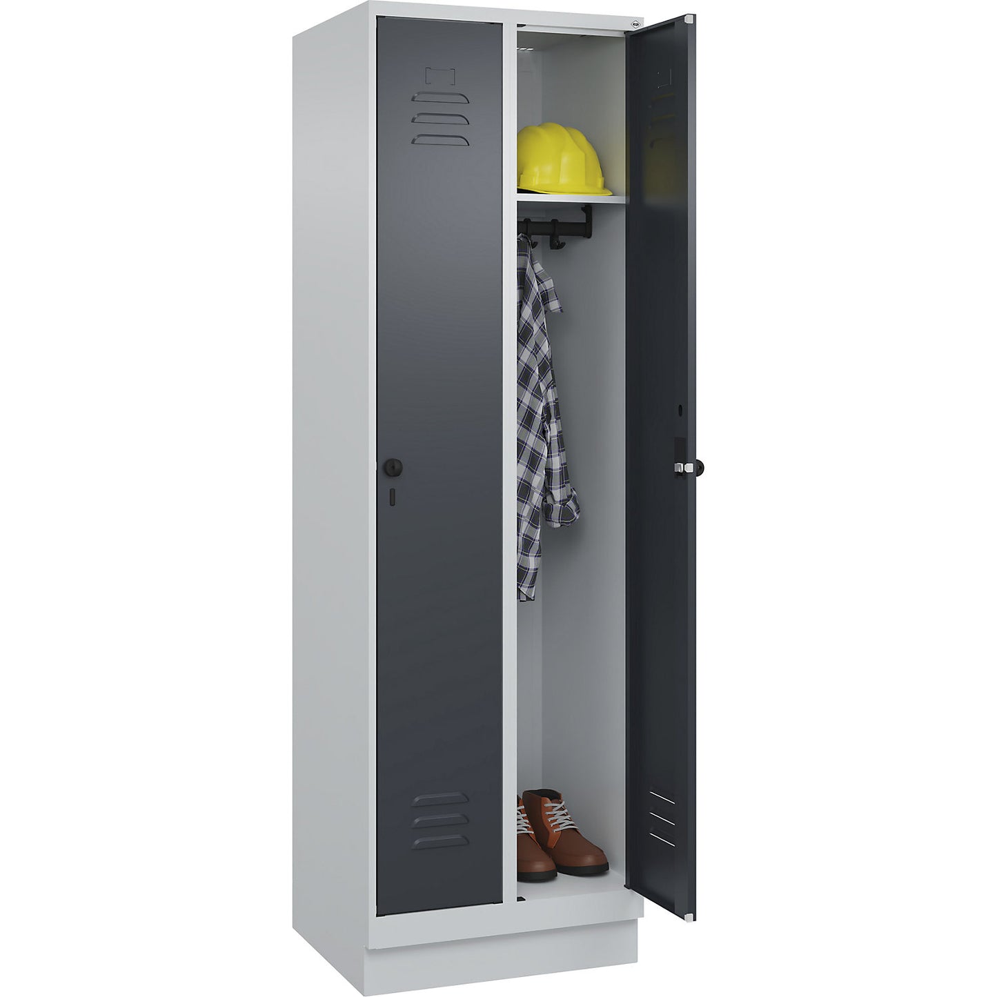 Classic PLUS clothes locker, 2 compartments, light grey/grey, W 600 mm, with base plinth, rotary bolt.