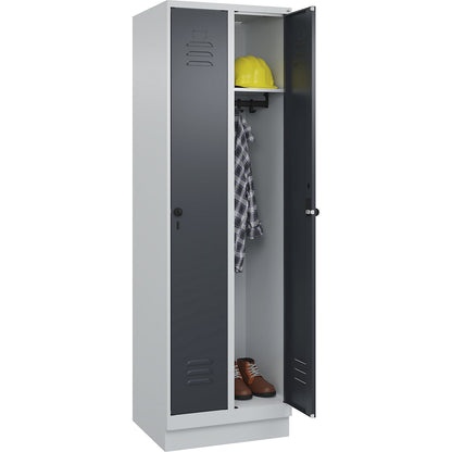Classic PLUS clothes locker, 2 compartments, light grey/grey, W 600 mm, with base plinth, rotary bolt.