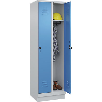 Classic PLUS clothes locker, 2 compartments, light grey/light blue, W 600 mm, with base plinth, rotary bolt.
