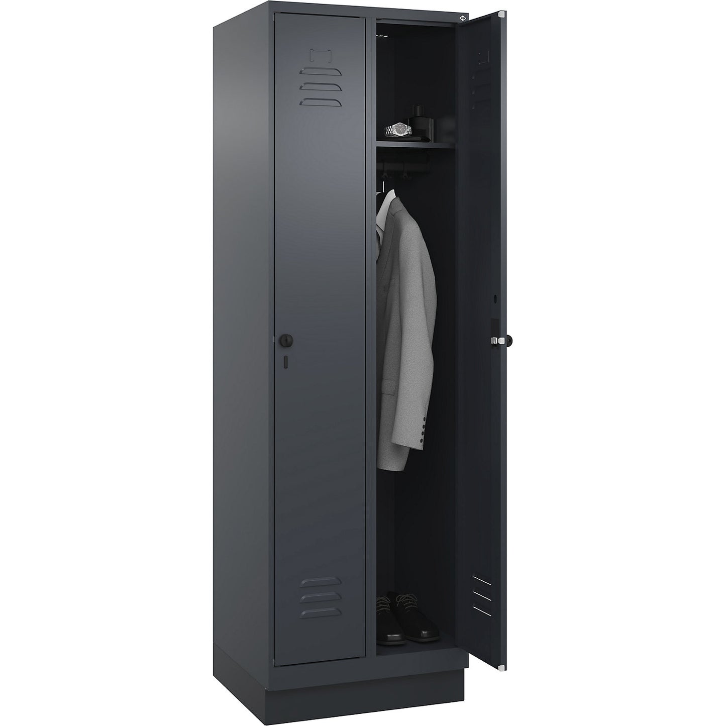 Classic PLUS clothes locker, 2 compartments, grey, W 600 mm, with base plinth, rotary bolt.