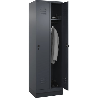 Classic PLUS clothes locker, 2 compartments, grey, W 600 mm, with base plinth, rotary bolt.