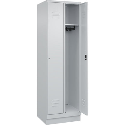 Classic PLUS clothes locker, 2 compartments, light grey, W 600 mm, with base plinth, cylinder lock.