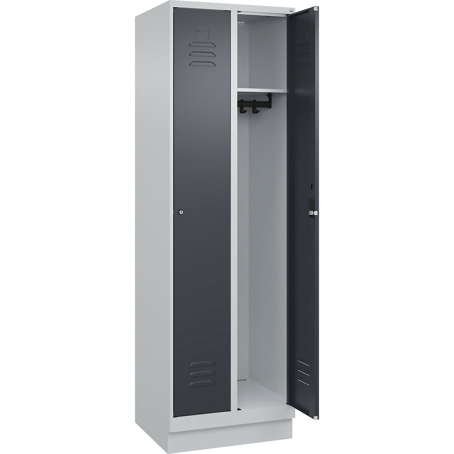 Classic PLUS clothes locker, 2 compartments, light grey/grey, W 600 mm, with base plinth, cylinder lock.