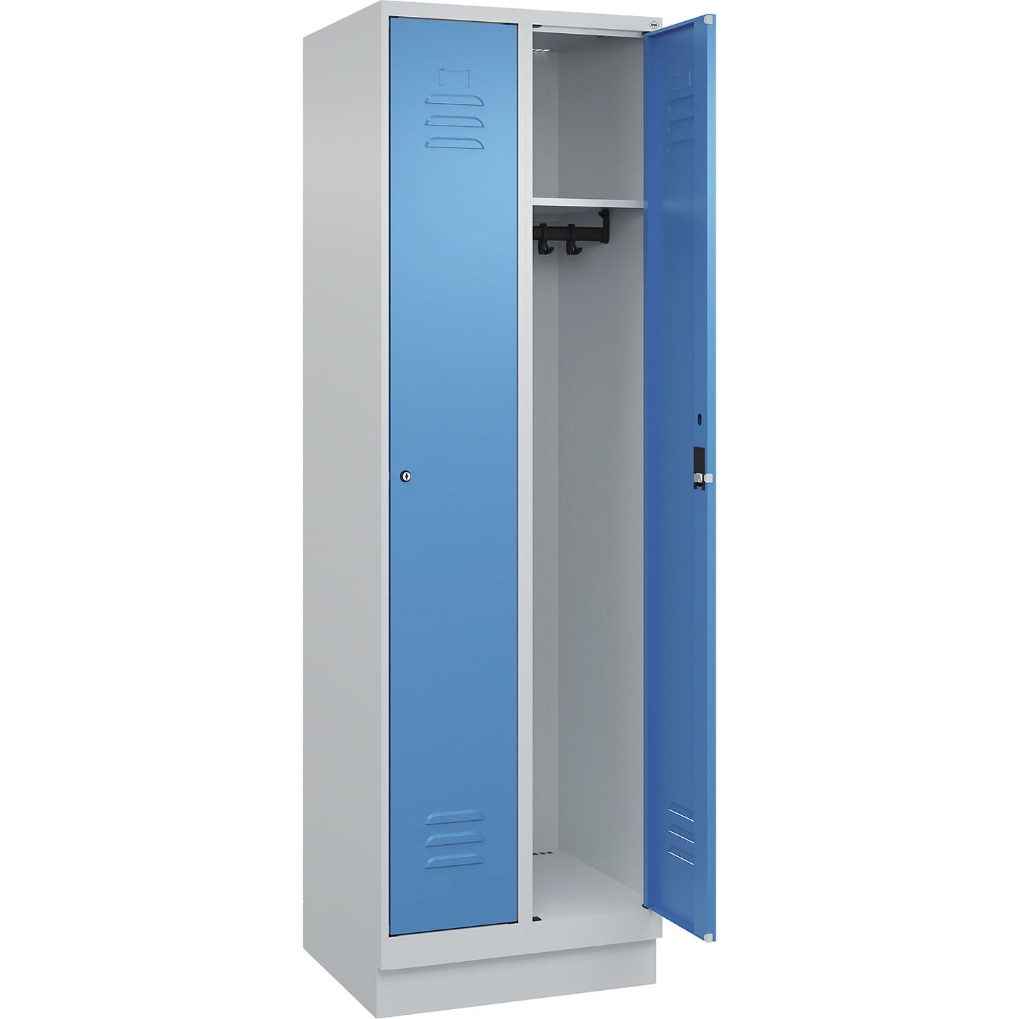 Classic PLUS clothes locker, 2 compartments, light grey/light blue, W 600 mm, with base plinth, cylinder lock.