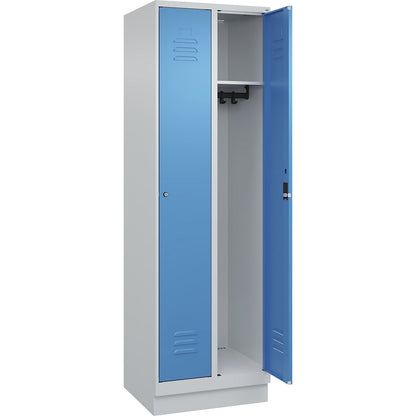 Classic PLUS clothes locker, 2 compartments, light grey/light blue, W 600 mm, with base plinth, cylinder lock.