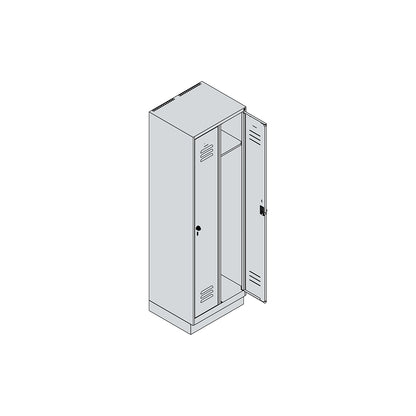 Classic PLUS clothes locker, 2 compartments, grey, W 600 mm, with base plinth, rotary bolt.