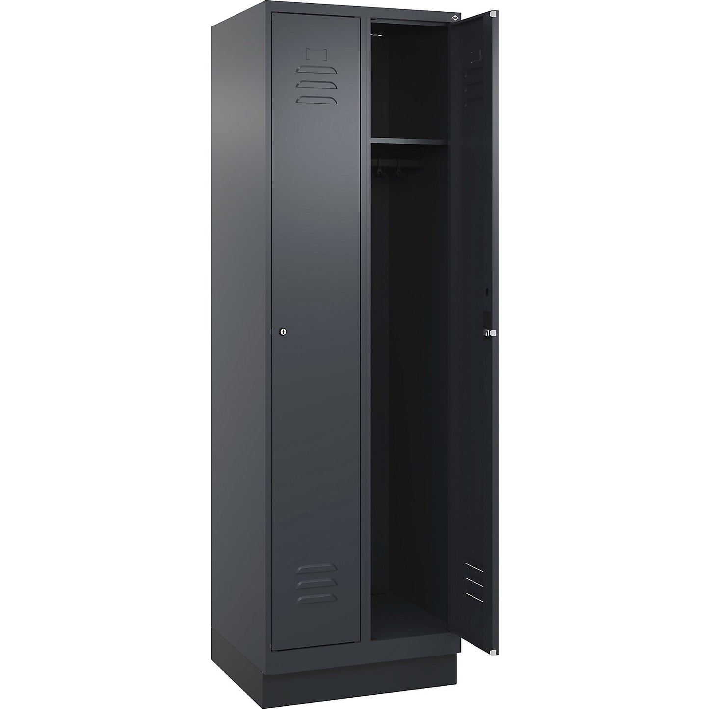 Classic PLUS clothes locker, 2 compartments, grey, W 600 mm, with base plinth, cylinder lock.
