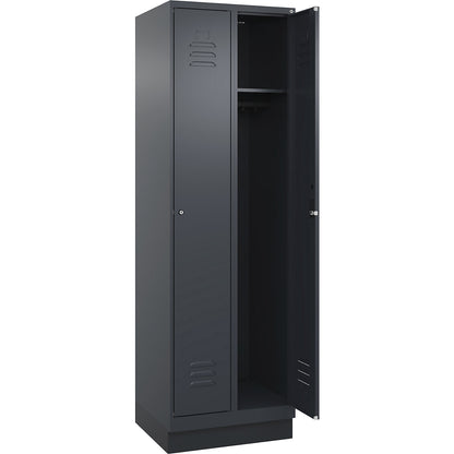 Classic PLUS clothes locker, 2 compartments, grey, W 600 mm, with base plinth, cylinder lock.