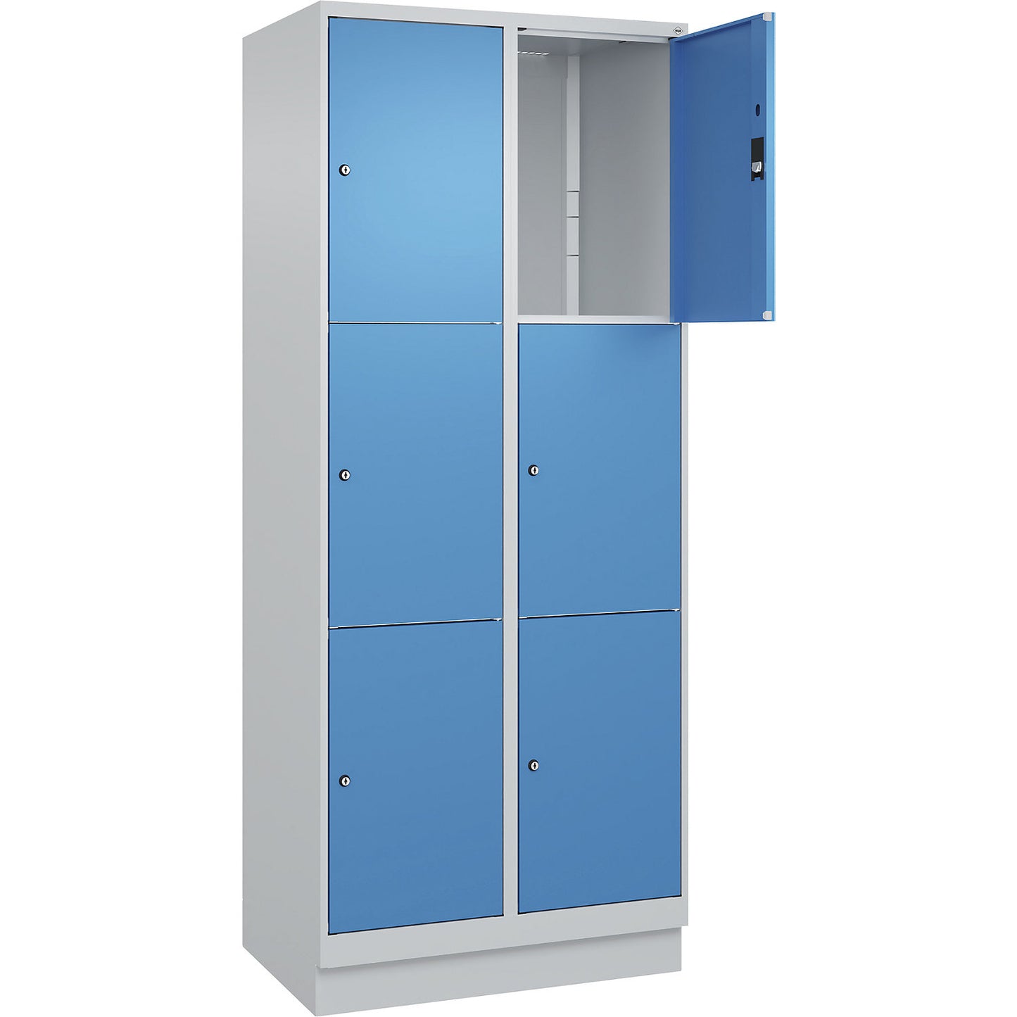 Classic PLUS 3-fold compartment locker, 2 compartments, light grey/light blue, W 800 mm, 6 compartments, with base plinth.