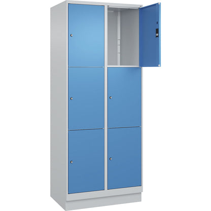 Classic PLUS 3-fold compartment locker, 2 compartments, light grey/light blue, W 800 mm, 6 compartments, with base plinth.