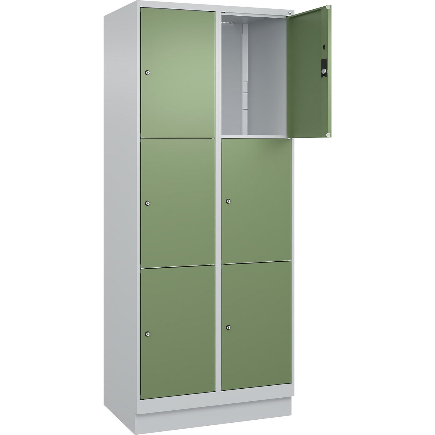Classic PLUS 3-fold compartment locker, 2 compartments, light grey/reseda green, W 800 mm, 6 compartments, with base plinth.