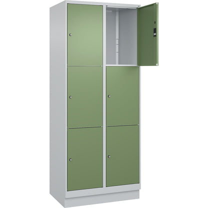 Classic PLUS 3-fold compartment locker, 2 compartments, light grey/reseda green, W 800 mm, 6 compartments, with base plinth.