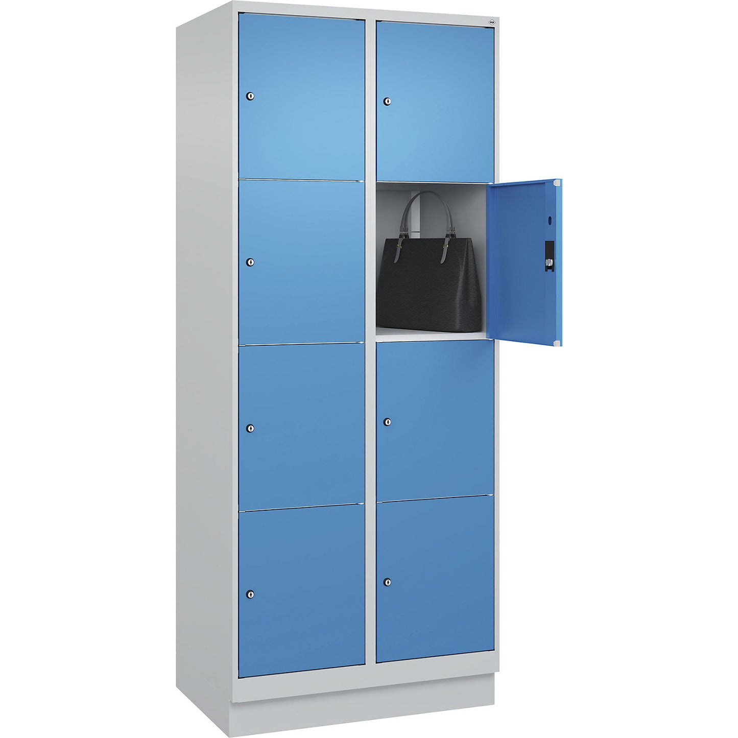 Classic PLUS 4-fold compartment locker, 2 compartments, light grey/light blue, W 800 mm, 8 compartments, with base plinth.