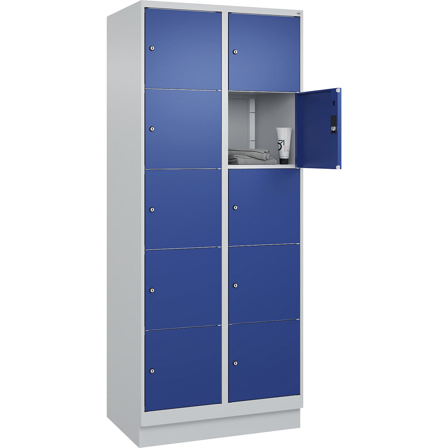 Classic PLUS 5-fold compartment locker, 2 compartments, light grey/gentian blue, W 800 mm, 10 compartments, with base plinth.