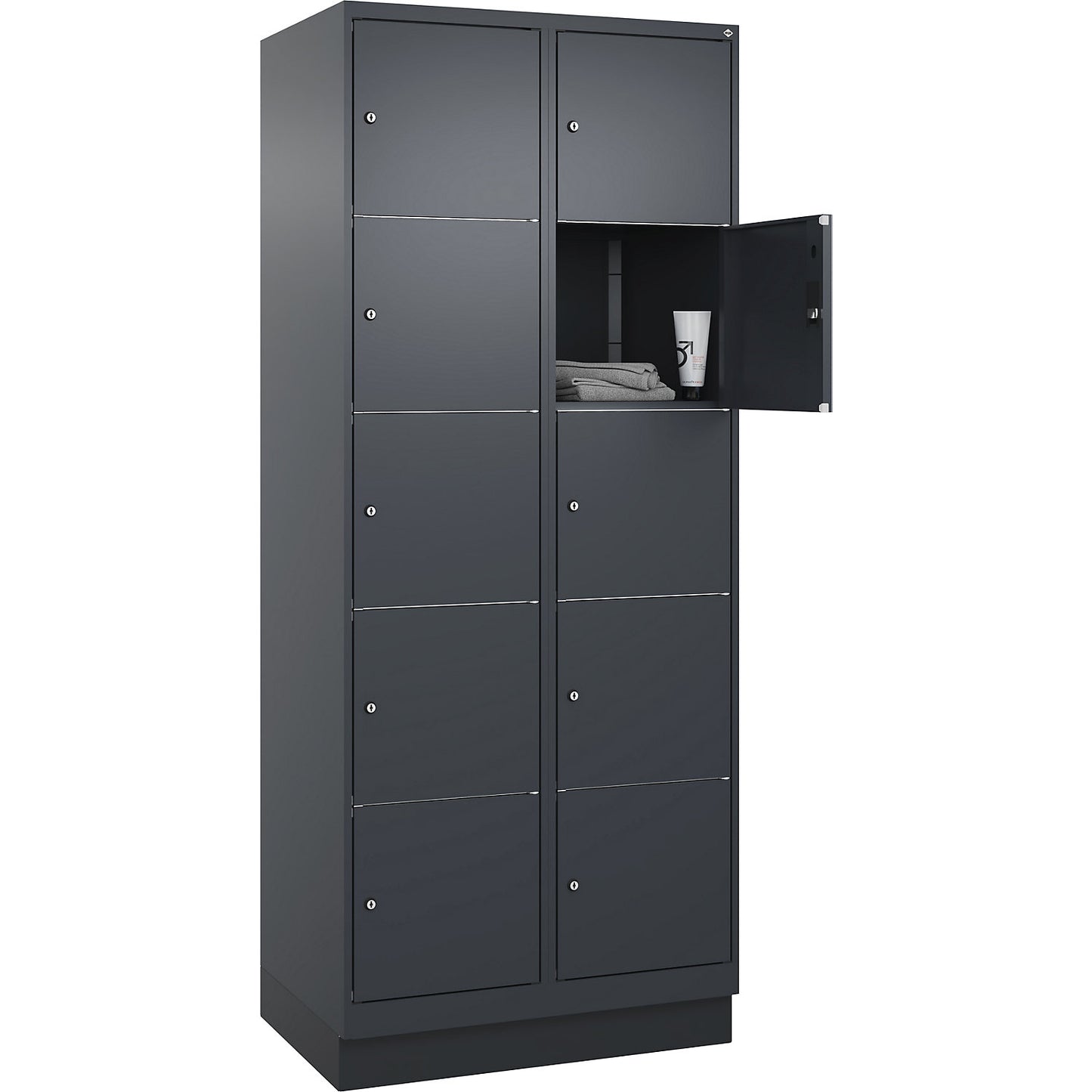 Classic PLUS 5-fold compartment locker, 2 compartments, grey, W 800 mm, 10 compartments, with base plinth.