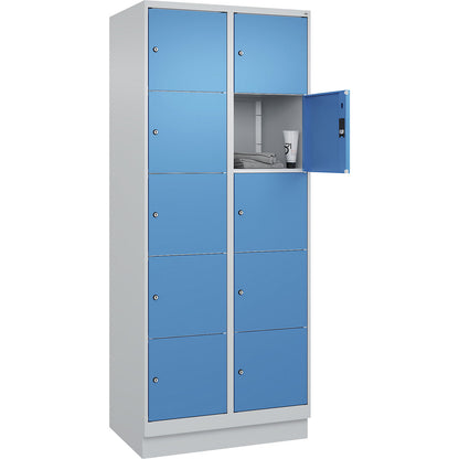 Classic PLUS 5-fold compartment locker, 2 compartments, light grey/light blue, W 800 mm, 10 compartments, with base plinth.