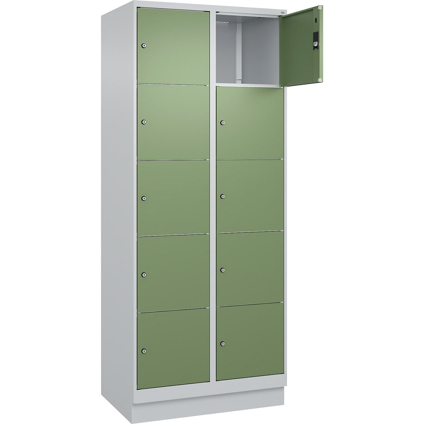 Classic PLUS 5-fold compartment locker, 2 compartments, light grey/reseda green, W 800 mm, 10 compartments, with base plinth.