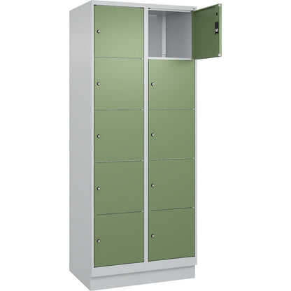 Classic PLUS 5-fold compartment locker, 2 compartments, light grey/reseda green, W 800 mm, 10 compartments, with base plinth.