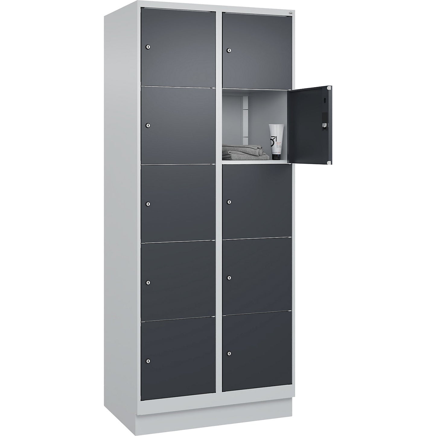Classic PLUS 5-fold compartment locker, 2 compartments, light grey/grey, W 800 mm, 10 compartments, with base plinth.