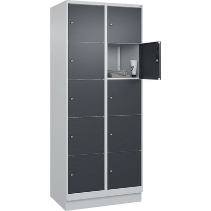 Classic PLUS 5-fold compartment locker, 2 compartments, light grey/grey, W 800 mm, 10 compartments, with base plinth.