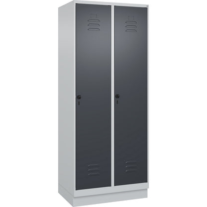 Classic PLUS clean and dirty clothes locker, narrow, 2 compartments, shortened centre divider, light grey/grey, W 800 mm, with base plinth, rotary bolt, centre partition.