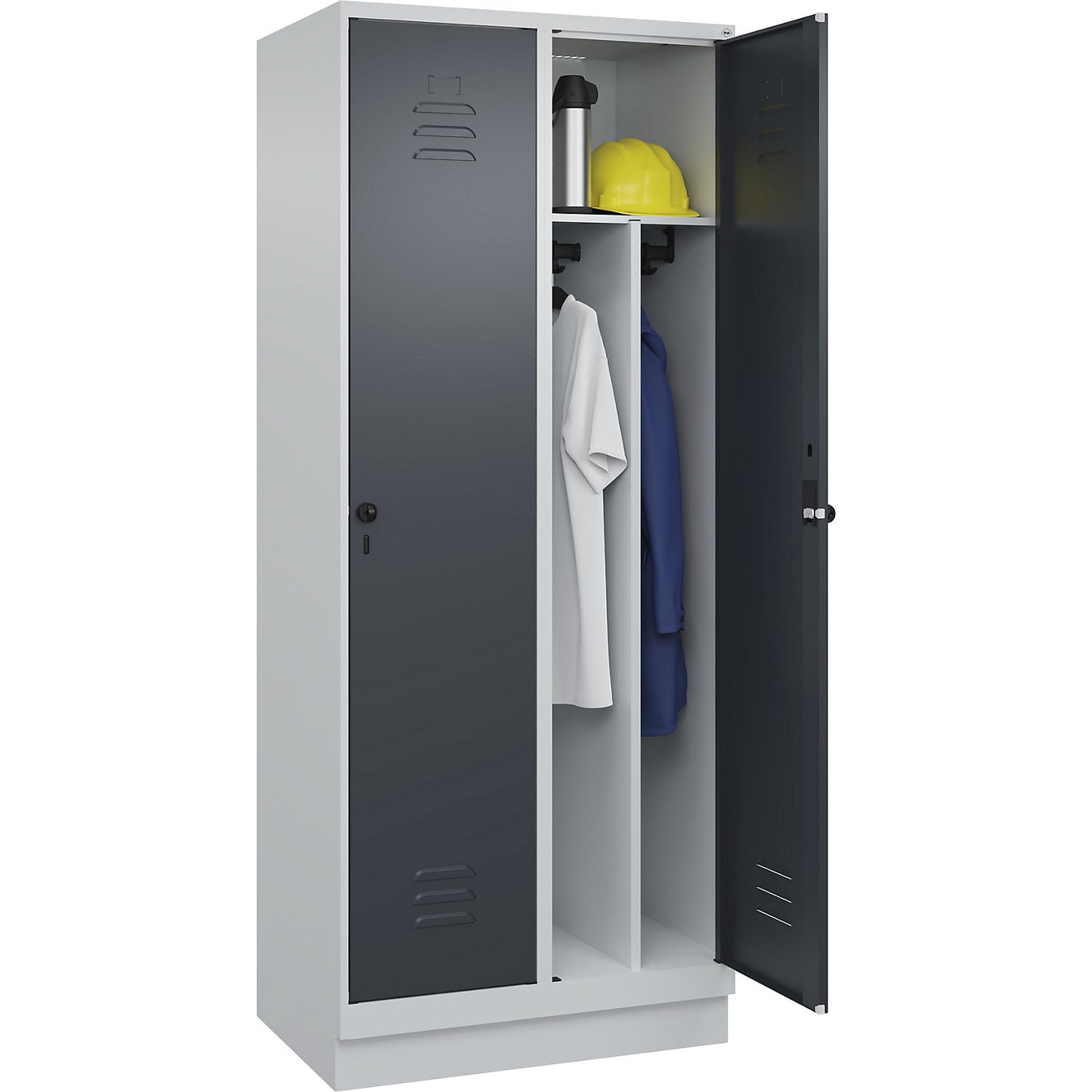 Classic PLUS clean and dirty clothes locker, narrow, 2 compartments, shortened centre divider, light grey/grey, W 800 mm, with base plinth, rotary bolt, centre partition.