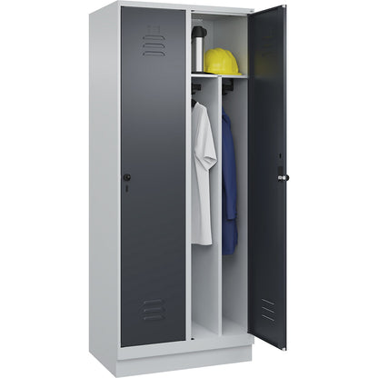 Classic PLUS clean and dirty clothes locker, narrow, 2 compartments, shortened centre divider, light grey/grey, W 800 mm, with base plinth, rotary bolt, centre partition.