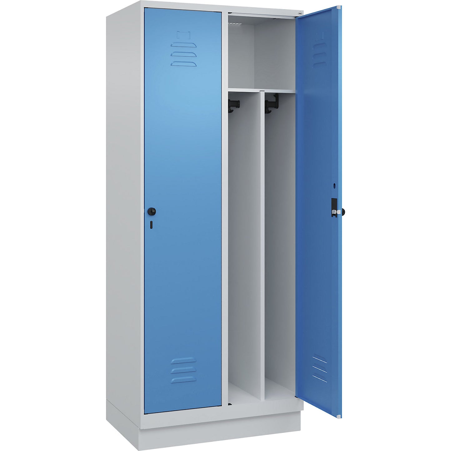 Classic PLUS clean and dirty clothes locker, narrow, 2 compartments, shortened centre divider, light grey/light blue, W 800 mm, with base plinth, rotary bolt, centre partition.