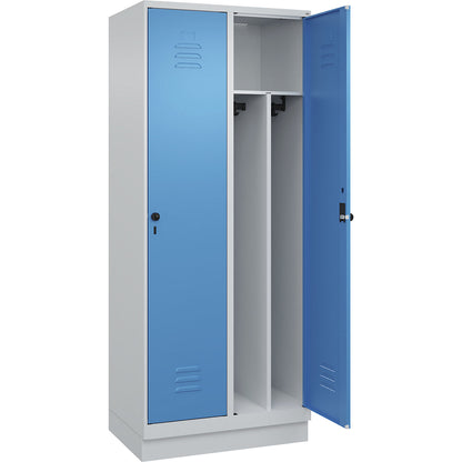 Classic PLUS clean and dirty clothes locker, narrow, 2 compartments, shortened centre divider, light grey/light blue, W 800 mm, with base plinth, rotary bolt, centre partition.