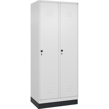 Classic PLUS clean and dirty clothes locker, narrow, 2 compartments, shortened centre divider, traffic white, W 800 mm, with base plinth, rotary bolt, centre partition.
