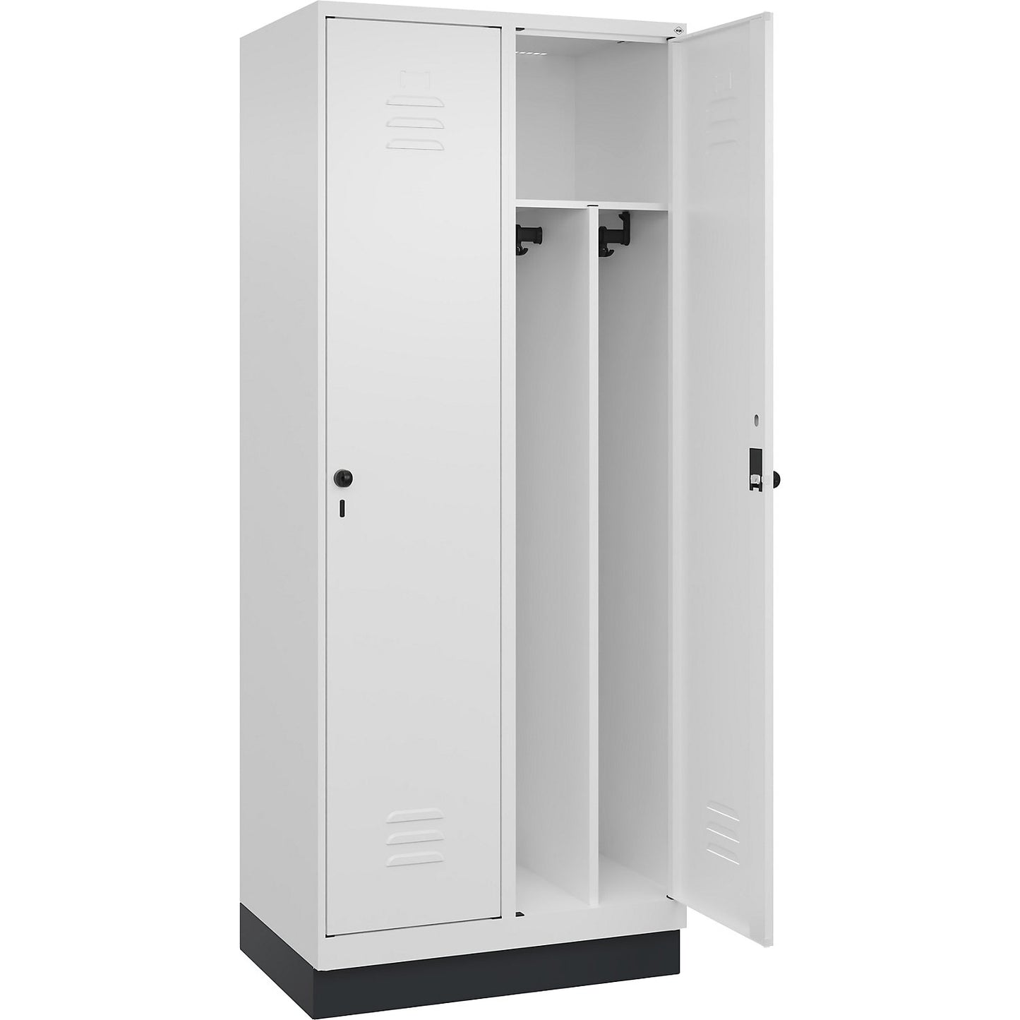Classic PLUS clean and dirty clothes locker, narrow, 2 compartments, shortened centre divider, traffic white, W 800 mm, with base plinth, rotary bolt, centre partition.