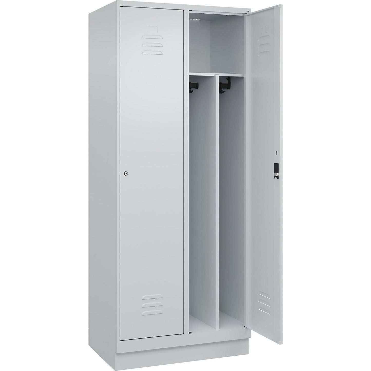 Classic PLUS clean and dirty clothes locker, narrow, 2 compartments, shortened centre divider, light grey, W 800 mm, with base plinth, cylinder lock, centre partition.