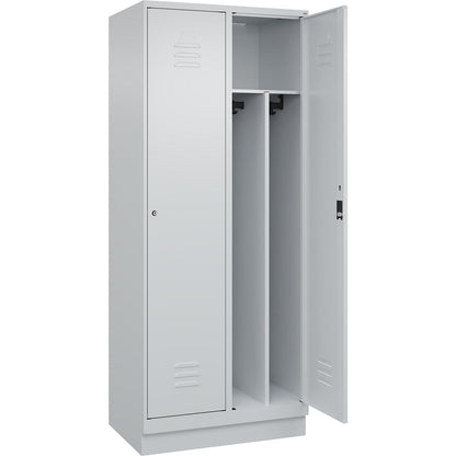 Classic PLUS clean and dirty clothes locker, narrow, 2 compartments, shortened centre divider, light grey, W 800 mm, with base plinth, cylinder lock, centre partition.