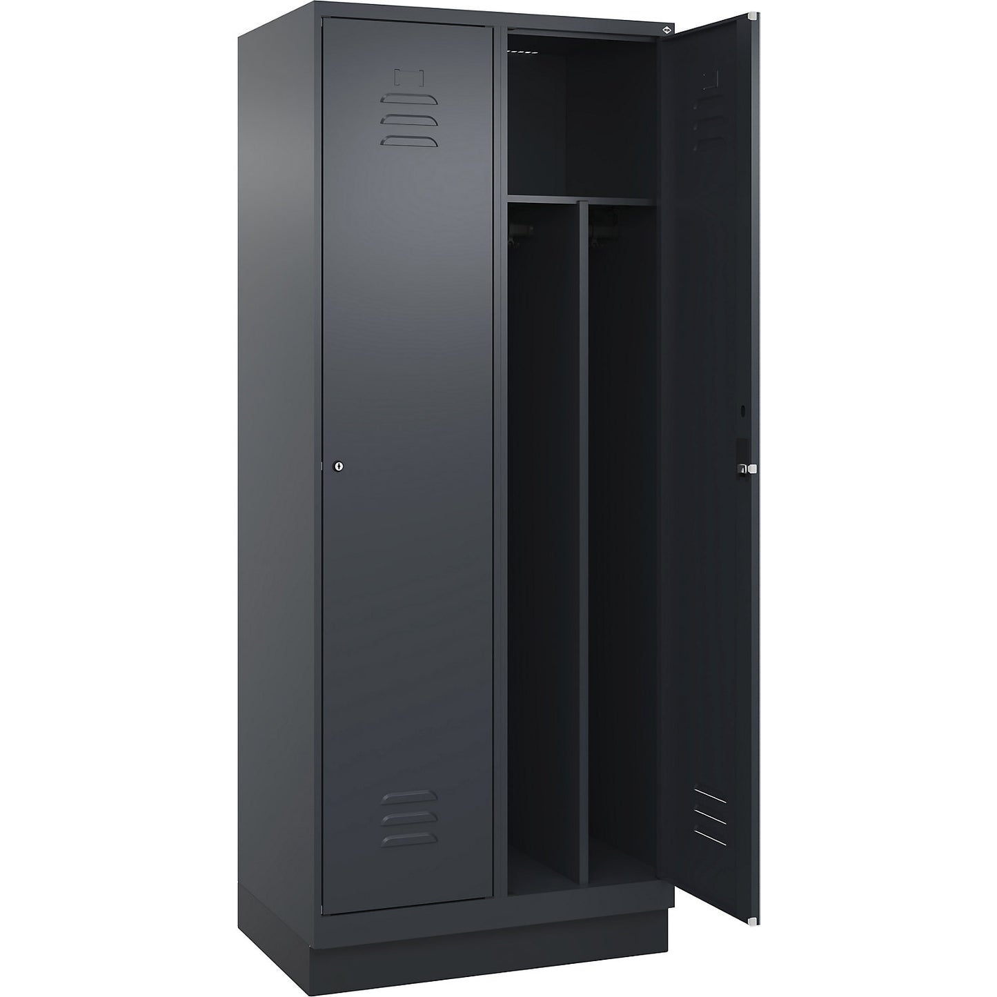 Classic PLUS clean and dirty clothes locker, narrow, 2 compartments, shortened centre divider, grey, W 800 mm, with base plinth, cylinder lock, centre partition.