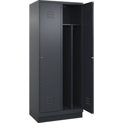 Classic PLUS clean and dirty clothes locker, narrow, 2 compartments, shortened centre divider, grey, W 800 mm, with base plinth, cylinder lock, centre partition.