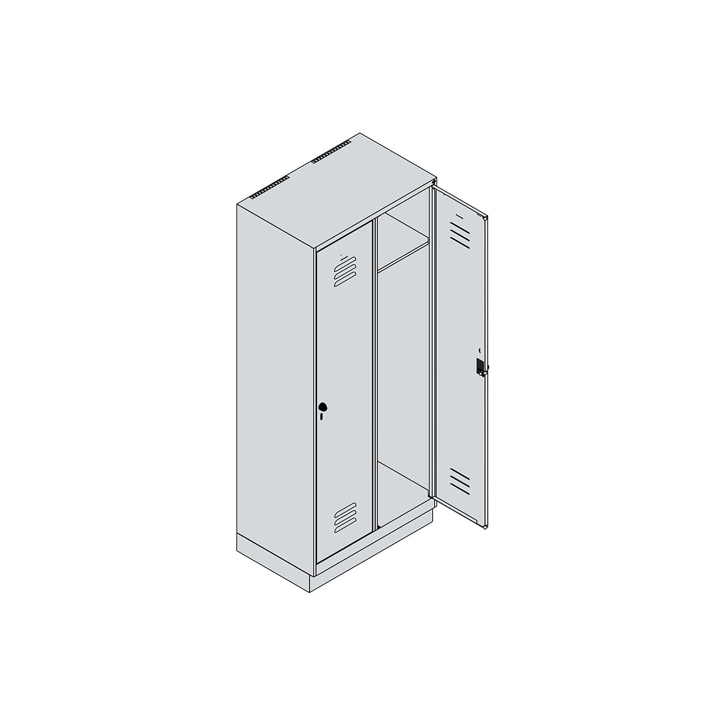 Classic PLUS clothes locker, 2 compartments, light grey/grey, W 800 mm, with base plinth, rotary bolt.