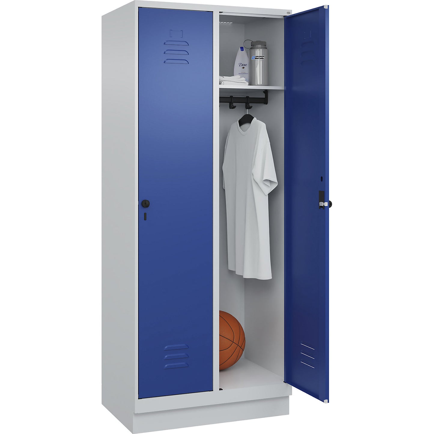 Classic PLUS clothes locker, 2 compartments, light grey/gentian blue, W 800 mm, with base plinth, rotary bolt.