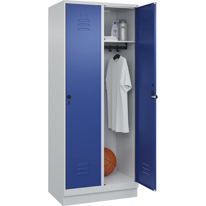 Classic PLUS clothes locker, 2 compartments, light grey/gentian blue, W 800 mm, with base plinth, rotary bolt.