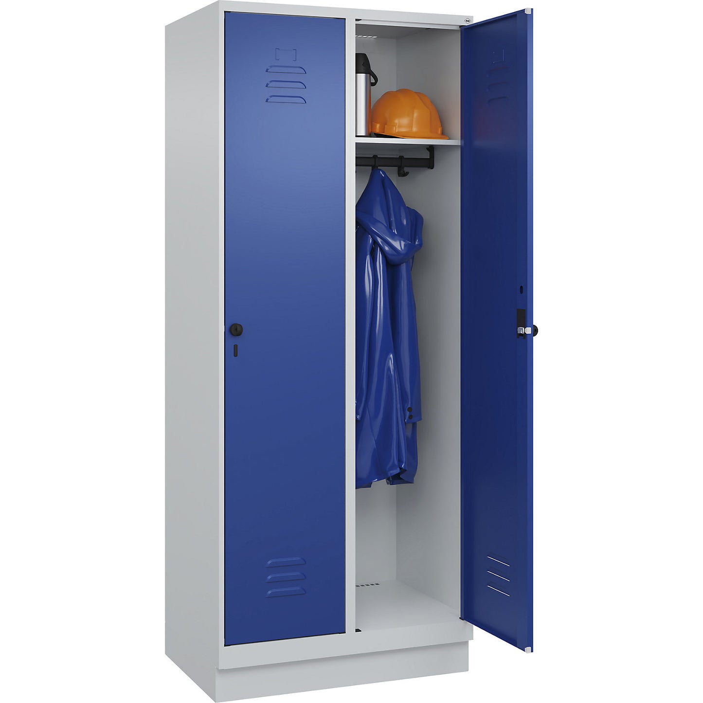 Classic PLUS clothes locker, 2 compartments, light grey, W 800 mm, with base plinth, rotary bolt.