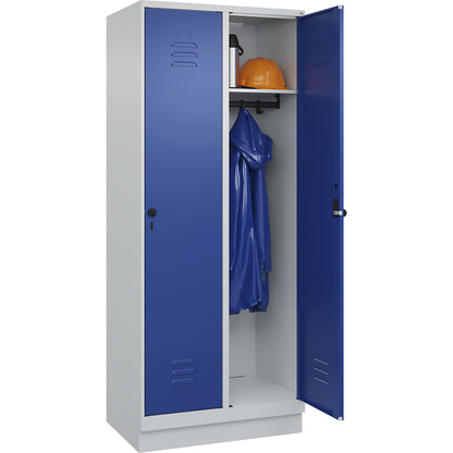 Classic PLUS clothes locker, 2 compartments, light grey, W 800 mm, with base plinth, rotary bolt.