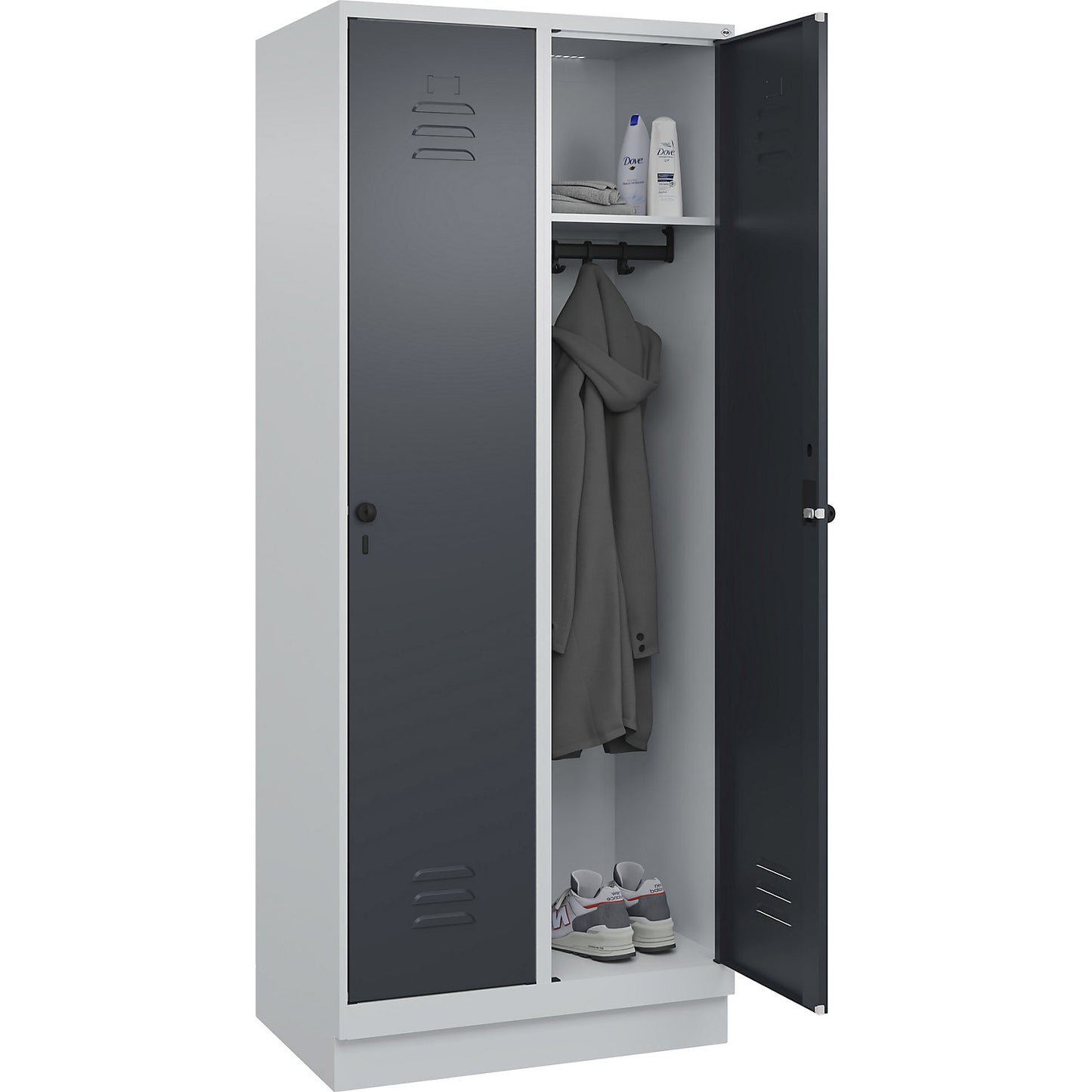 Classic PLUS clothes locker, 2 compartments, light grey/grey, W 800 mm, with base plinth, rotary bolt.