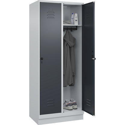 Classic PLUS clothes locker, 2 compartments, light grey/grey, W 800 mm, with base plinth, rotary bolt.
