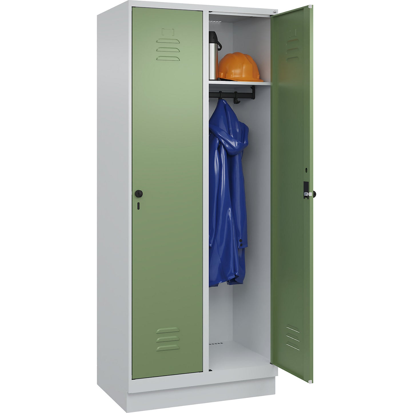 Classic PLUS clothes locker, 2 compartments, light grey/reseda green, W 800 mm, with base plinth, rotary bolt.