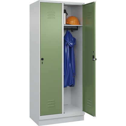 Classic PLUS clothes locker, 2 compartments, light grey/reseda green, W 800 mm, with base plinth, rotary bolt.