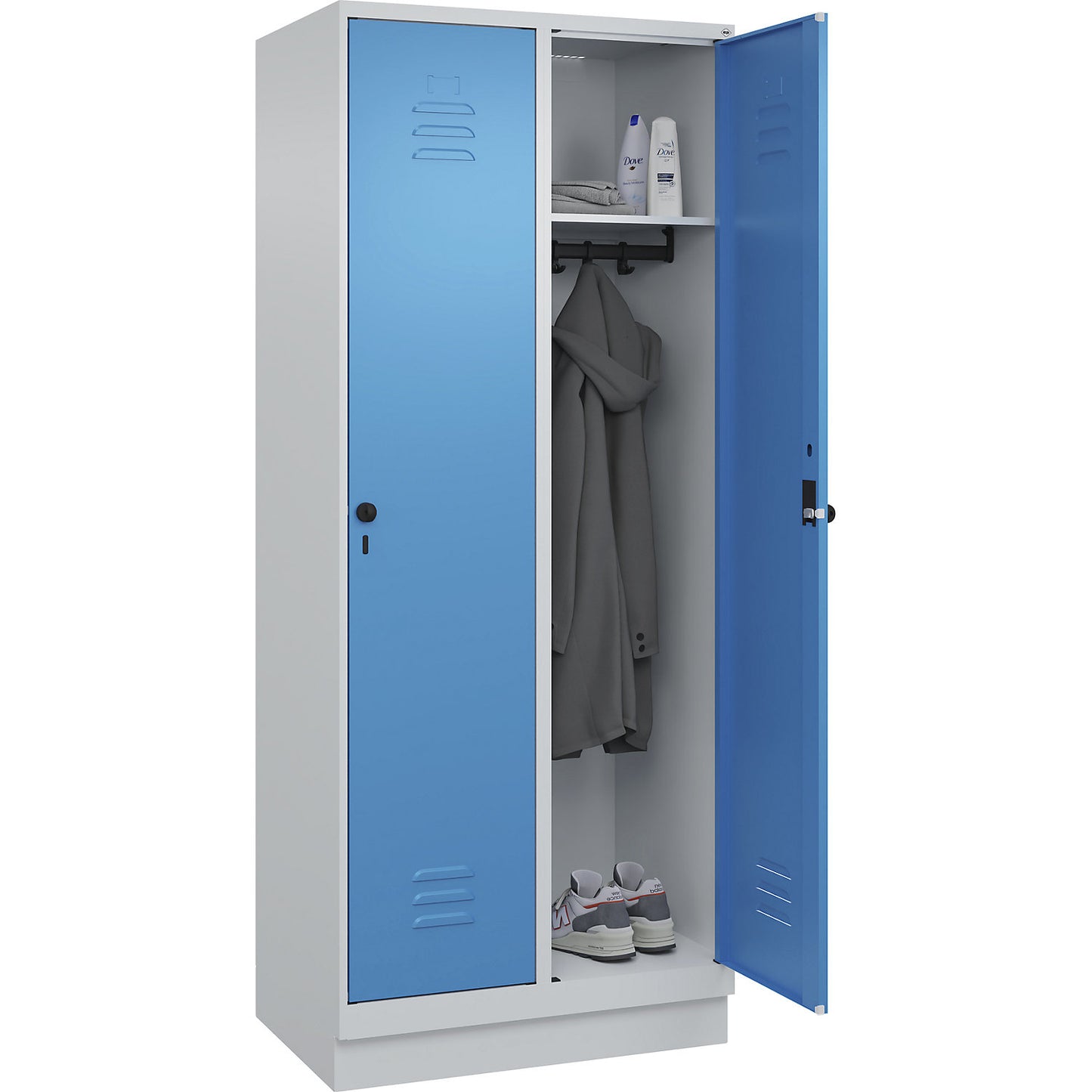 Classic PLUS clothes locker, 2 compartments, light grey/light blue, W 800 mm, with base plinth, rotary bolt.