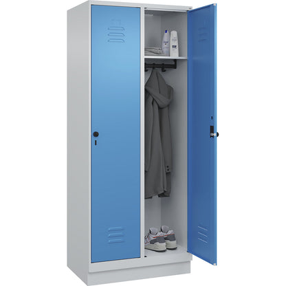 Classic PLUS clothes locker, 2 compartments, light grey/light blue, W 800 mm, with base plinth, rotary bolt.